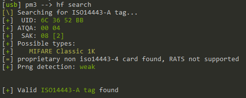 Identifikace klíčenky MIFARE Classic 1K pomocí Proxmark3 Easy příkazu hf search.